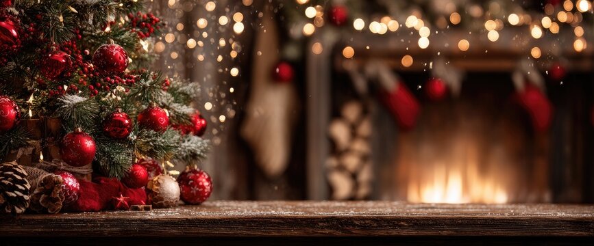 Christmas scene with a small tree, red ornaments, and a fireplace