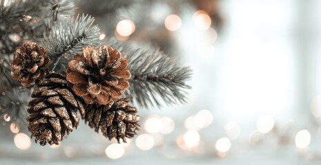 Christmas tree branch with pinecones and bokeh lights