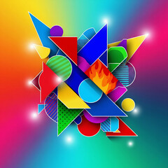 Vibrant abstract composition of colorful geometric shapes with glowing effects on a gradient background.