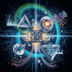 Abstract representation of a central microchip processing data with geometric shapes, light trails, and data visualizations, symbolizing advanced technology and interconnectedness.