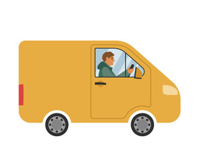 Delivery of parcels and boxes on a yellow minivan. A van with a driver carries orders. Vector illustration for design.