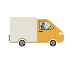 Delivery of parcels and boxes on a yellow truck. A van with a driver carries orders. Vector illustration for design.