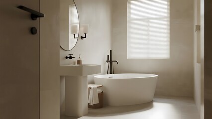 Fototapeta premium Modern minimalist bathroom with freestanding bathtub and sleek fixtures
