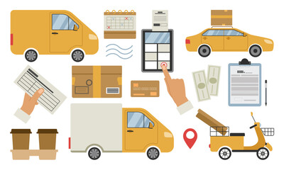 Delivery service set. Truck, car, electric scooter, various types of transport parcels and boxes, cash register and documents. Vector illustration for design.
