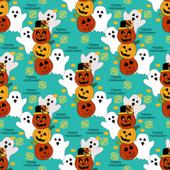 Happy Halloween wallpaper or banner. Ideas for party invitation backgrounds with ghosts and pumpkins, cards, wrapping, and textiles in cut style. Vector illustration seamless pattern.