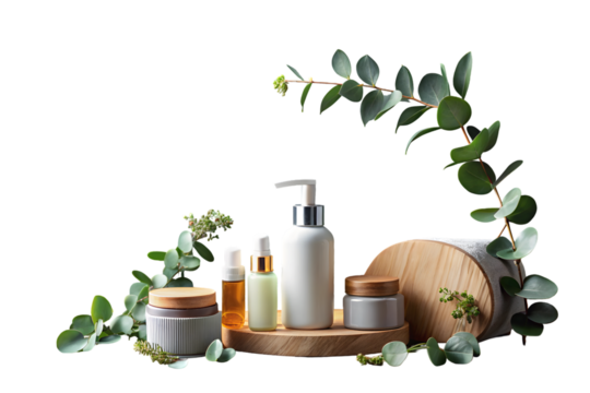 Skin care products on grey background with eucalyptus wood close up copy space