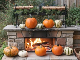 Pumpkins decorating outdoor fireplace for autumn festivities
