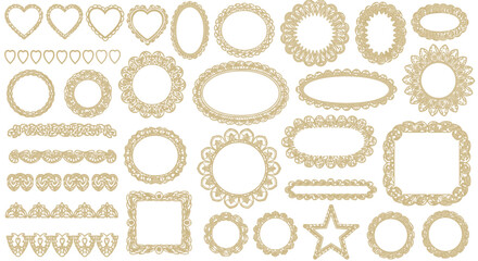 A collection of decorative lace frames and borders in various shapes including hearts, circles, ovals, squares, and stars, arranged in rows on a white background.