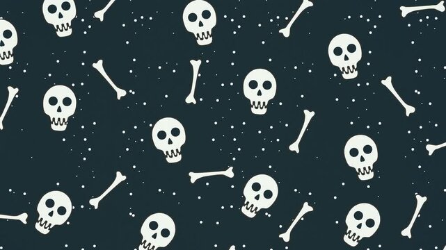 Looping Halloween animation in 4K featuring cute skulls and bones floating on a dark background. Fun, spooky, and seamless design perfect for party themes, seasonal decorations, and festive visuals.