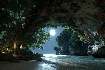 Moonlit beach cove through cave archway. Lush greenery surrounds
