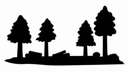 Fototapeta premium Silhouette of a forest landscape with trees, logs, and foliage in a monochrome black and white scene