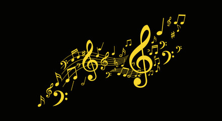 Golden musical notes and treble clefs flow on a black background for artistic design © Muflif