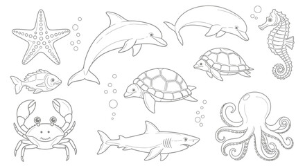 Underwater world creatures outline for coloring books, educational projects, and creative designs