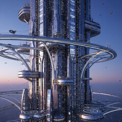 Futuristic city with towering skyscraper, elevated monorail tracks, and flying vehicles under a clear sky.