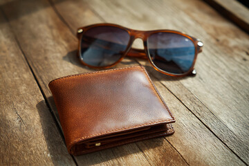 Classic brown leather wallet and stylish sunglasses resting on a rustic wooden table, exuding timeless sophistication and everyday luxury.