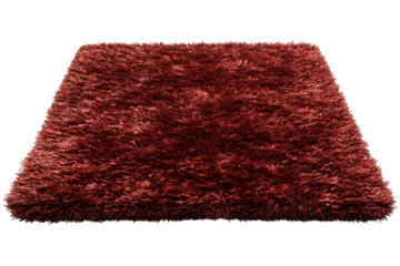 Luxurious red shag rug isolated against a sleek transparent background creating contrast