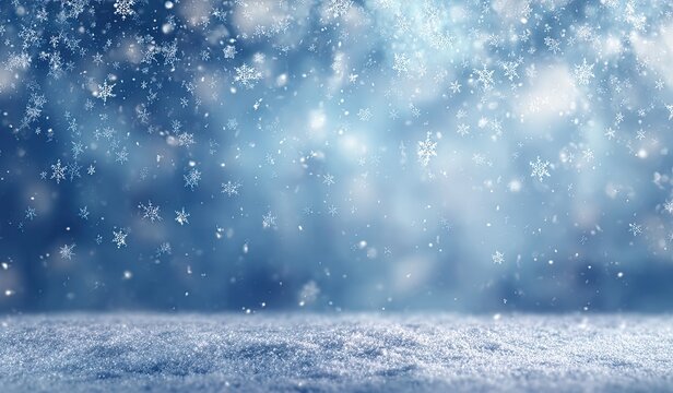 Winter scene with falling snowflakes on a snowy surface.  Soft blue tones and bokeh effect