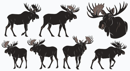 Majestic moose silhouettes in various poses against a clean white backdrop for design projects © Muflif