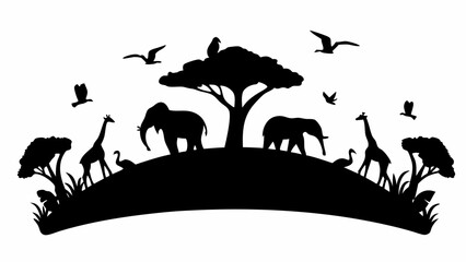 Silhouette of african wildlife scene featuring elephants giraffes birds and trees in black and white style