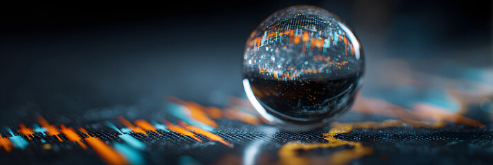 Conceptual image of a crystal ball with cryptocurrency market predictions and digital graphs inside, representing the speculative and predictive nature of the cryptocurrency market.