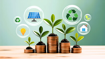 Green energy investment growing savings and financial prosperity with sustainable eco-friendly symbols