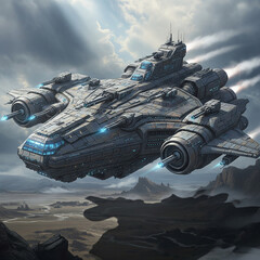 A large, grey, futuristic spaceship with glowing blue engines flying over a rugged, alien landscape under a dramatic, cloudy sky.