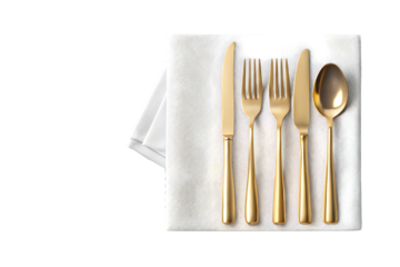 4900 golden cutlery and white napkin isolated on a transparent background