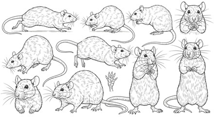 Line art illustration featuring multiple poses of rats, including standing, sitting, and lying down, with detailed fur and whiskers.