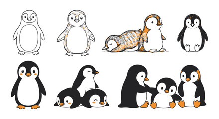 Obraz premium Adorable penguin cartoon collection featuring playful family groupings and charming line art designs