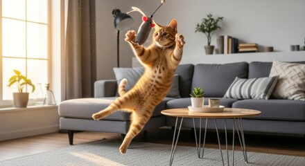 Playful ginger cat leaps in the air, chasing a toy mouse in a modern living room, filled with natural light.