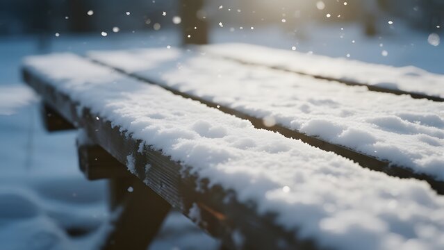 Snow-covered wooden bench in a serene winter setting with falling snowflakes - Powered by Adobe