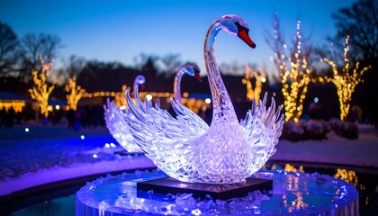 Elegant illuminated swan sculptures in a winter garden at twilight create a magical ambiance