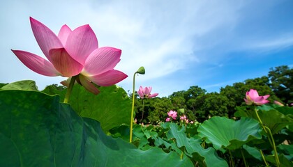 Elegant lotus blossom gracefully reaching towards a serene sky, reflecting natural beauty