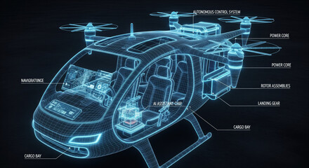 Urban Air Mobility Drone Technical Wireframe Blueprint Visualization