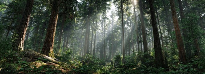 Sunlight filtering through a misty forest