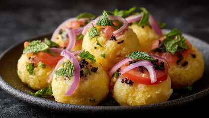 Delicious indian street food pani puri served on a dark plate with fresh toppings