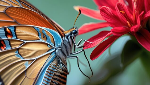 Colorful butterfly perched on vibrant red flower showcasing nature