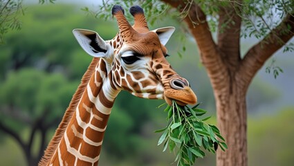 Giraffe Grazing on Green Leaves Under a Tree in Natural Habitat