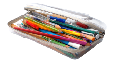 Transparent pencil case opened with pens, pencils, and ruler isolated on transparent background