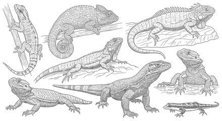 Naklejka premium Detailed line art of diverse lizard species, perfect for educational materials and coloring books for children