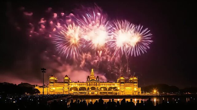 Spectacular mysore dasara night fireworks light up majestic building a vibrant cultural celebration tradition india festive a night shot between 100 and 120 characters