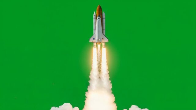Rocket Launching Into Sky With Bright Flames and Smoke Against Green Screen Background