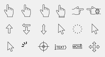 Modern set of line icons for user interface design with cursor, hand, arrows, target and loading