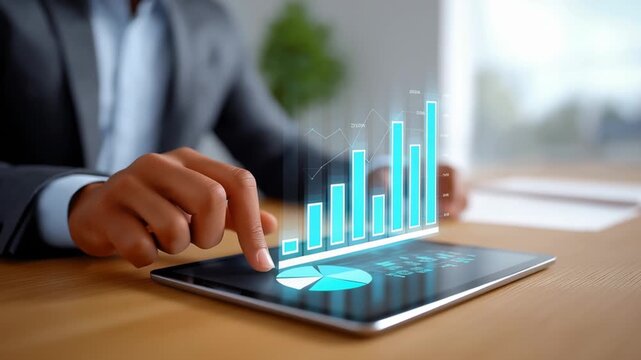 Business professional interacts with holographic bar and pie charts on tablet showing growth data. Contemporary office environment with clean wooden desk and plants - Powered by Adobe