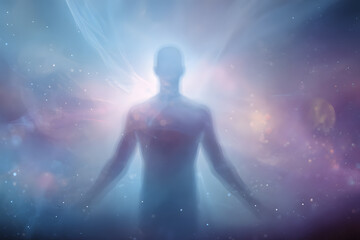Astral body silhouette with abstract space background. Esoteric, spiritual life and meditation concept. Afterlife and connection with other worlds. Created with  