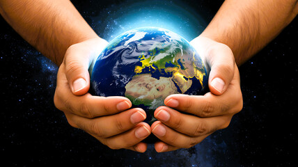 Male hands gently cradle glowing earth symbolizing hope care and global responsibility