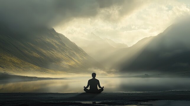 A man sitting cross-legged, seen from behind, meditating in a serene landscape. Soft natural lighting, peaceful and harmonious atmosphere