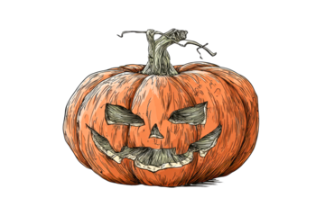 Hand Drawn Jack O Lantern Pumpkin with Spooky Face and Stem