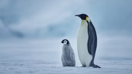 Fototapeta premium The majestic penguin with its adorable chick on a snowy landscape.