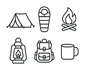 Camping essentials: tent, sleeping bag, campfire, lantern, backpack, mug icons